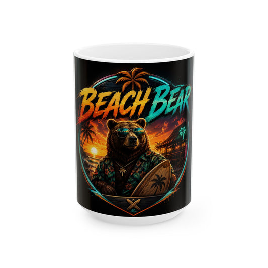 Beach Bear Ceramic Mug — Surfing Bear Sunset Coffee Cup (11oz & 15oz)