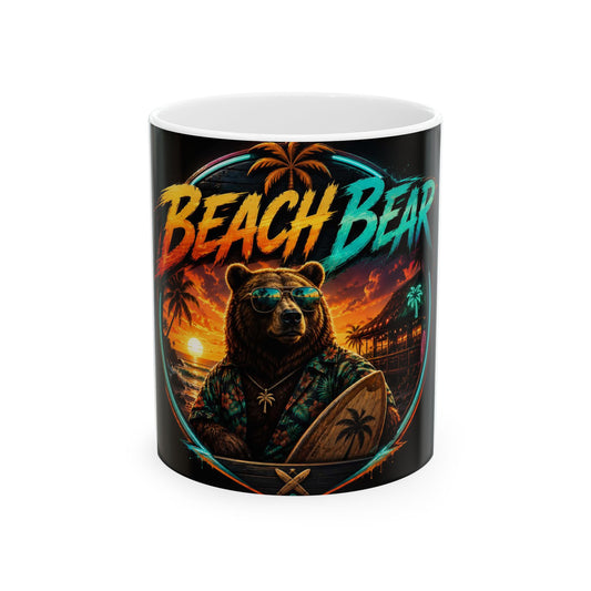 Beach Bear Ceramic Mug — Surfing Bear Sunset Coffee Cup (11oz & 15oz)